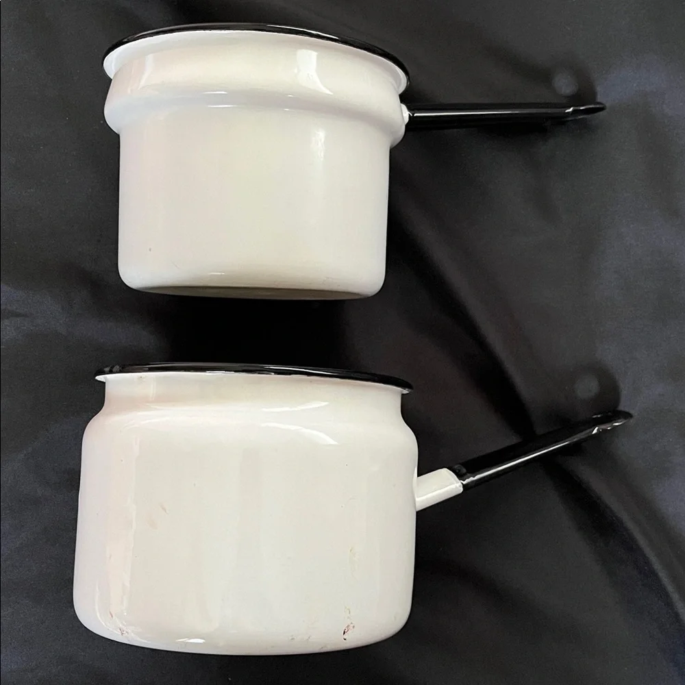 Vtg White W/Black Trim Enamelware Double Boiler Farmhouse Chic *NO LID*